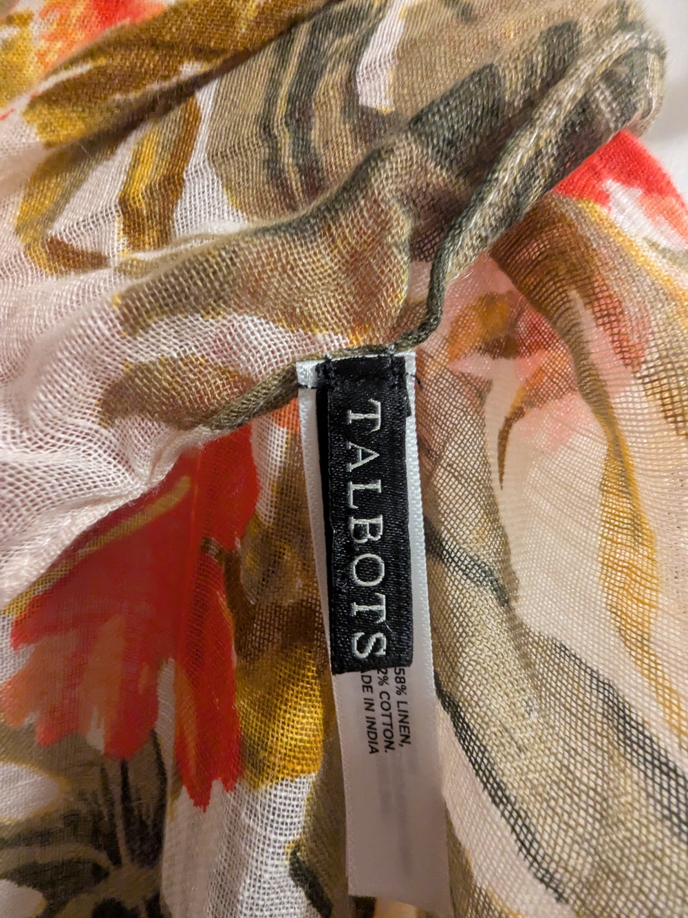 Talbots Lightweight Floral Scarf in White, Coral & Olive